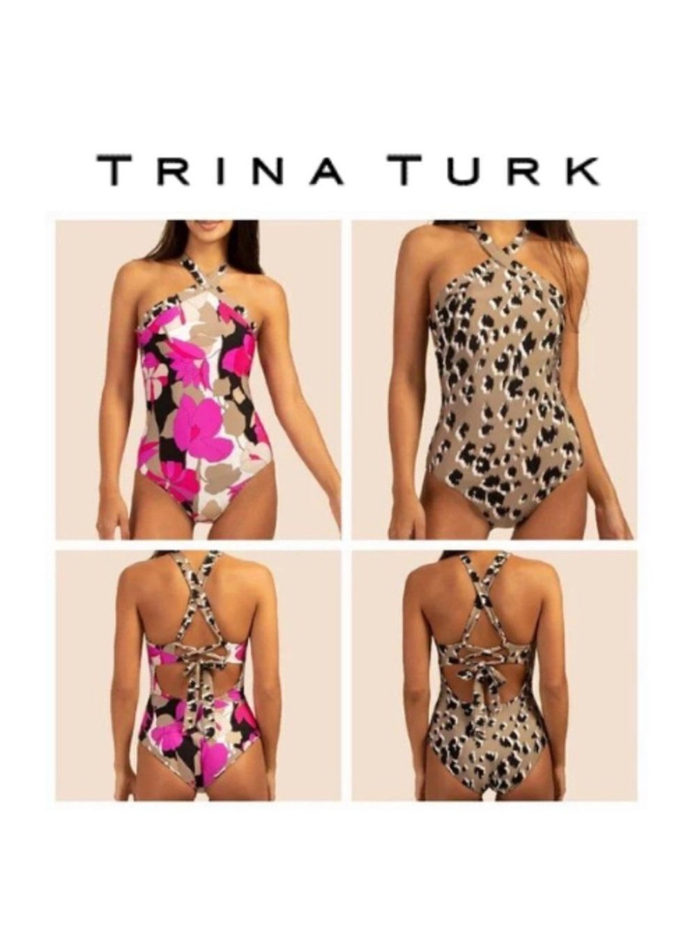 Trina Turk Pink Floral & Taupe Leopard Crisscross One-Piece Swimsuit